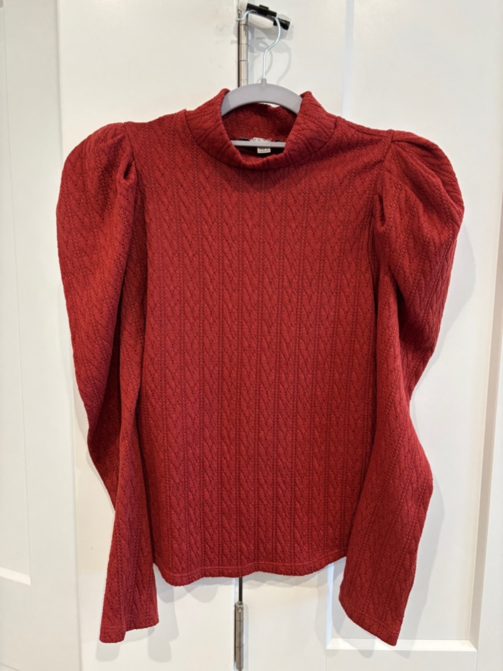 Haute Monde Rust Red Knit Mock Neck Sweater with Statement Shoulders. Size M
